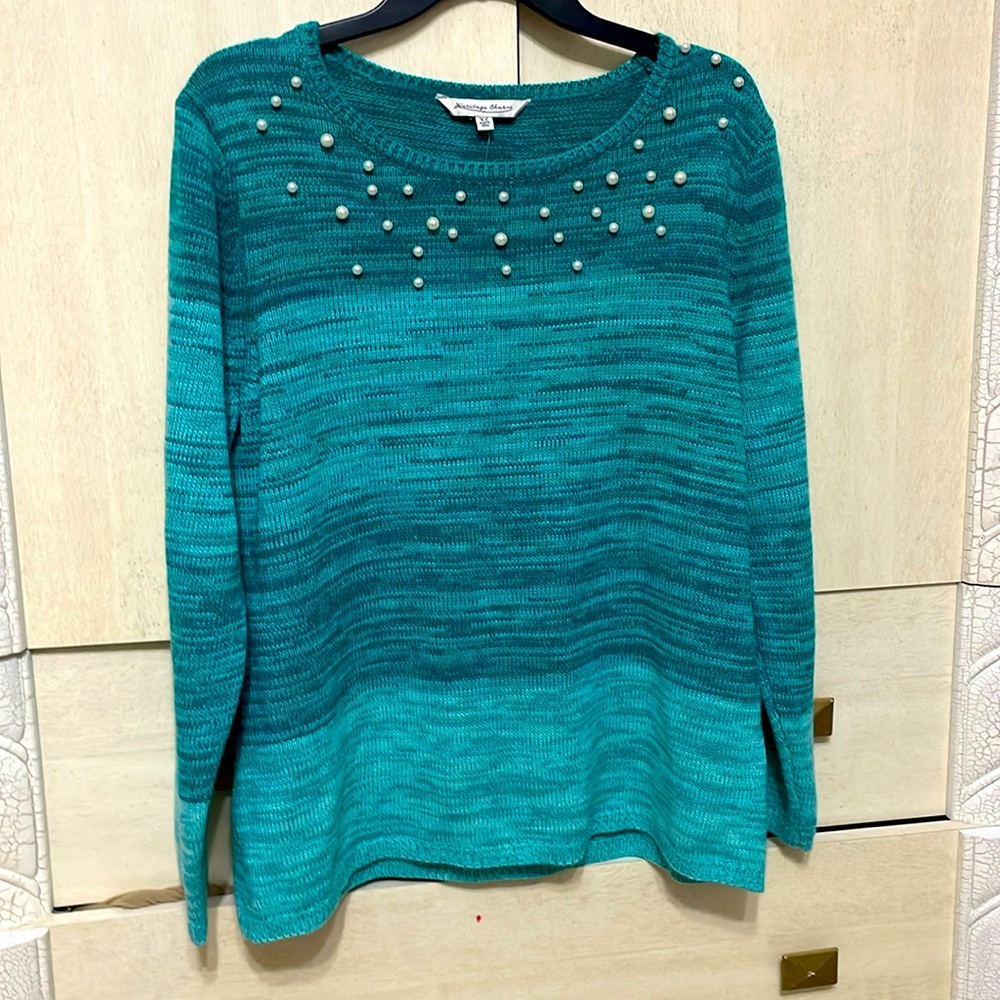 Women’s blue-ish-green sweater with pearls